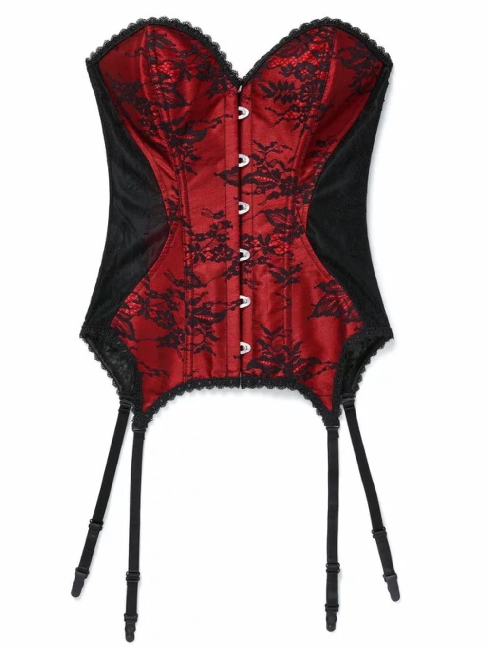 Adore Me Red and Black Lace Satin Corset with Garter Straps